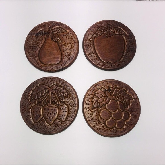 Vintage Wooden Carved Coasters Fruit Designs - Set of 4 - Picture 2 of 7